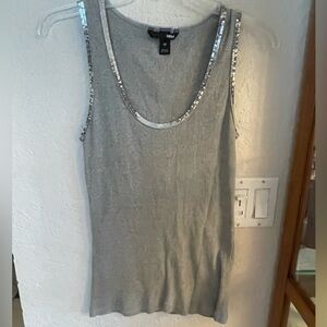 Vintage Y2K Gray Ribbed Tank Top & Silver Sequin Trim Size Medium